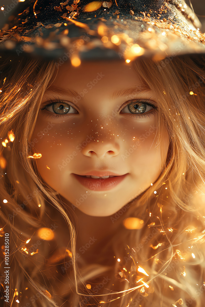 Smiling child in a witch costume, surrounded by falling autumn leaves and glowing magic Smiling child in a witch costume, surrounded by falling autumn leaves and glowing magic