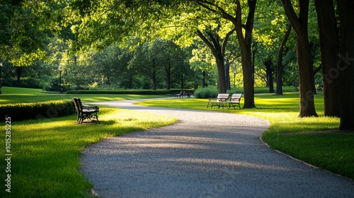 A peaceful green area features a winding gravel path, neatly trimmed hedges, and benches nestled among tall maple trees, offering a perfect setting for a leisurely stroll