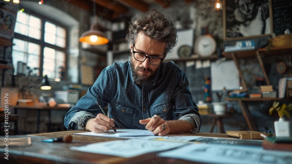 A creative professional sketching in a studio, representing focus and artistic creativity. A creative professional sketching in a studio, representing focus and artistic creativity.