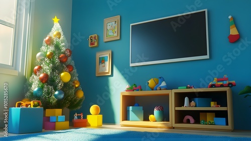 A colorful playroom decorated for the holidays, featuring toys, a Christmas tree, and a vibrant play mat.