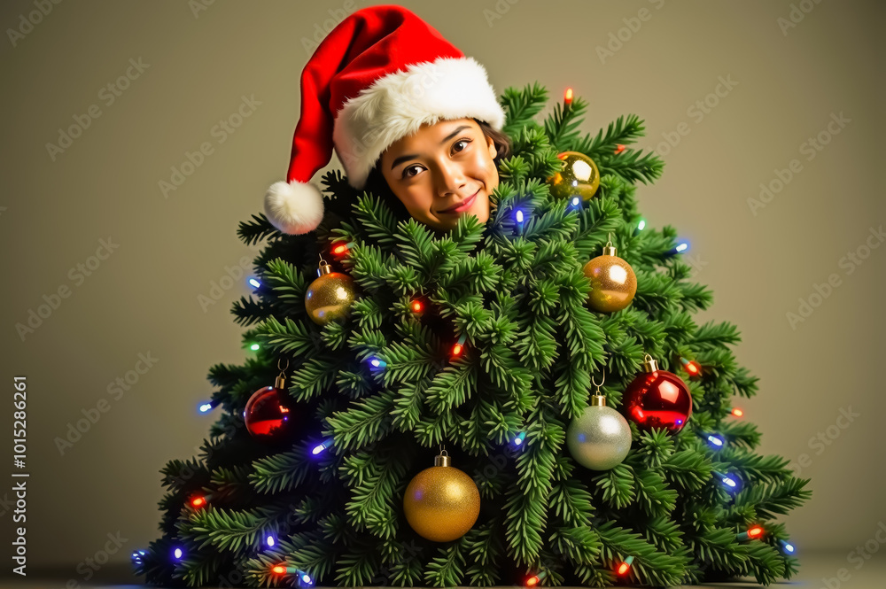 Person Dressed as Christmas Tree with Ornaments and Lights Person Dressed as Christmas Tree with Ornaments and Lights