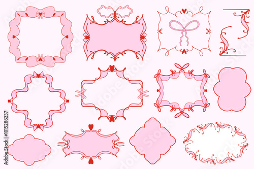Cute coquette aesthetic pink and red frame set ribbon bow in vintage style. Vector illustration.