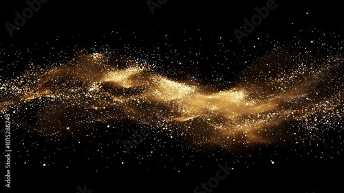 A stunning display of shimmering golden particles forms an ethereal dust cloud on a black background. This abstract scene evokes elegance, mystery, and fantasy, perfect for creative projects.