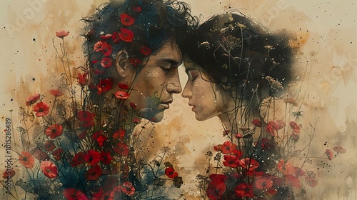 Romantic Couple Portrait with Poppies - Digital Art Painting photo