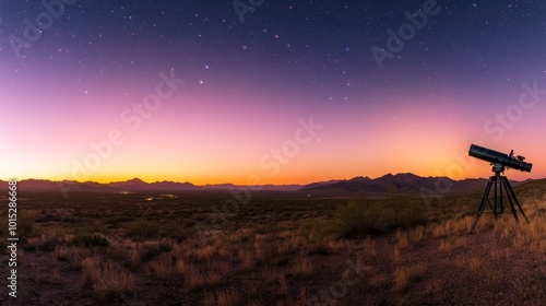 A sweeping desert landscape reveals a multitude of stars overhead as twilight descends. A telescope stands ready, inviting exploration of the night sky