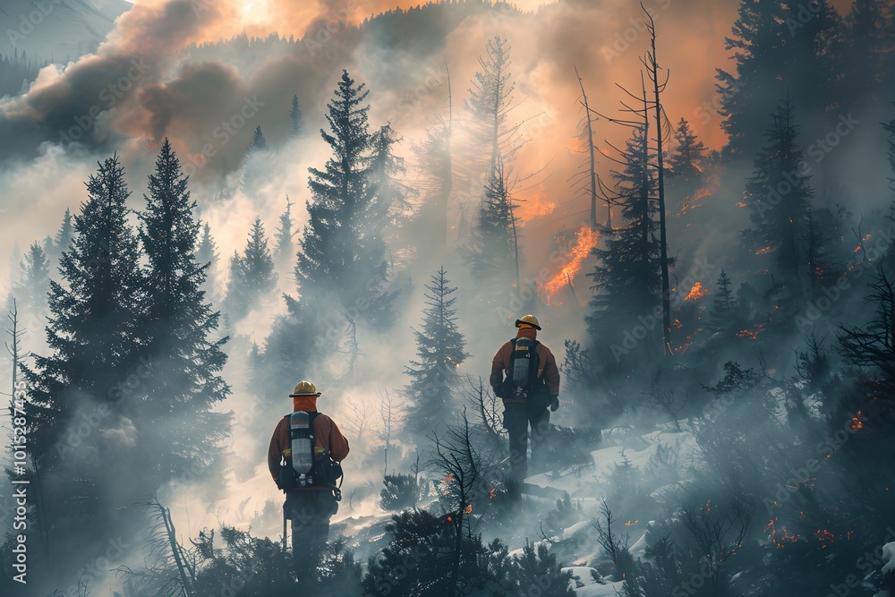 Fototapeta premium Firefighters Combatting Wildfire in Smoke-Filled Forest