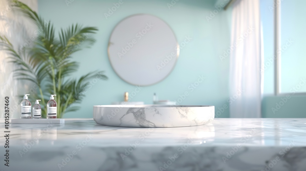 bathroom with a round mirror on the wall bathroom with a round mirror on the wall