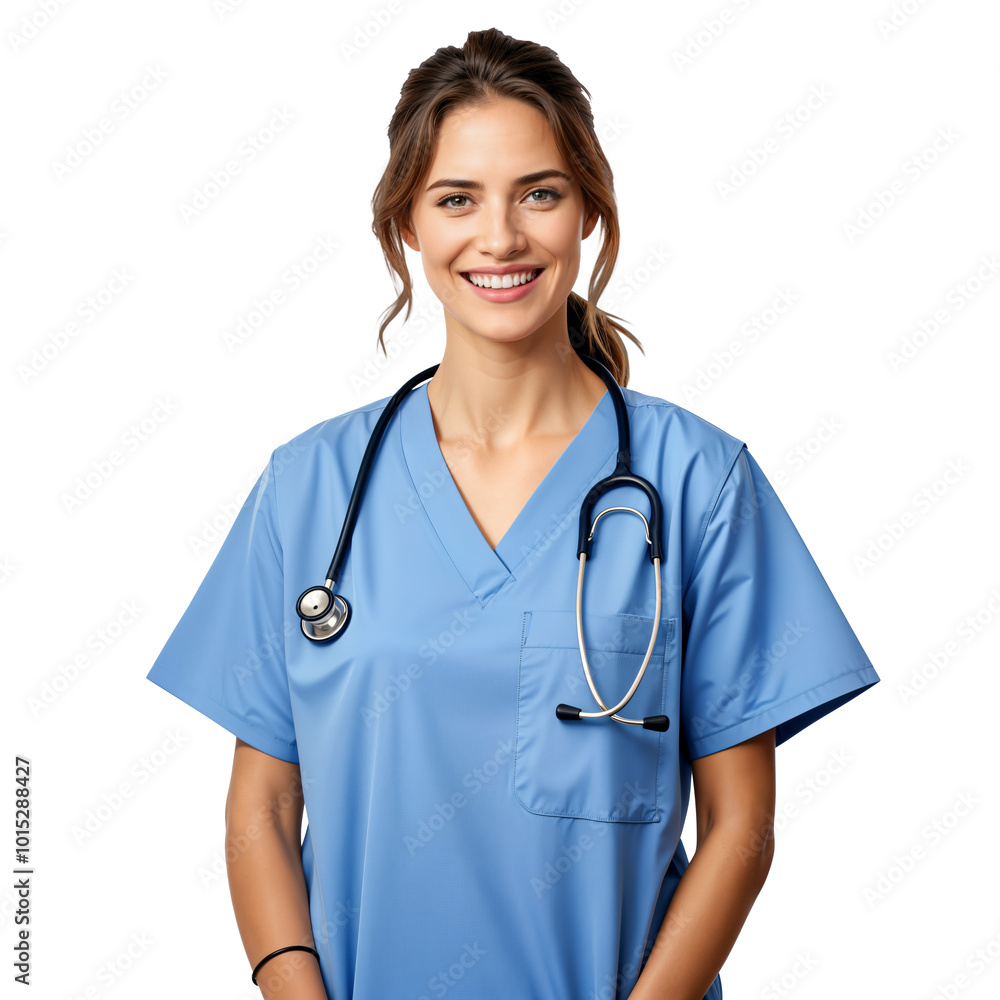 Smiling Young Female Nurse in Blue Scrubs with Stethoscope. Isolated on Transparent Background. PNG. Smiling Young Female Nurse in Blue Scrubs with Stethoscope. Isolated on Transparent Background. PNG.