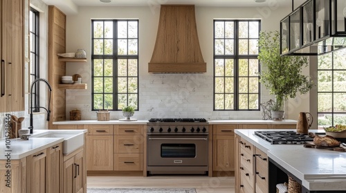 studio mcgee style interior photograph of a contemproray, transitional kitchen with low 8ft ceiling with small window