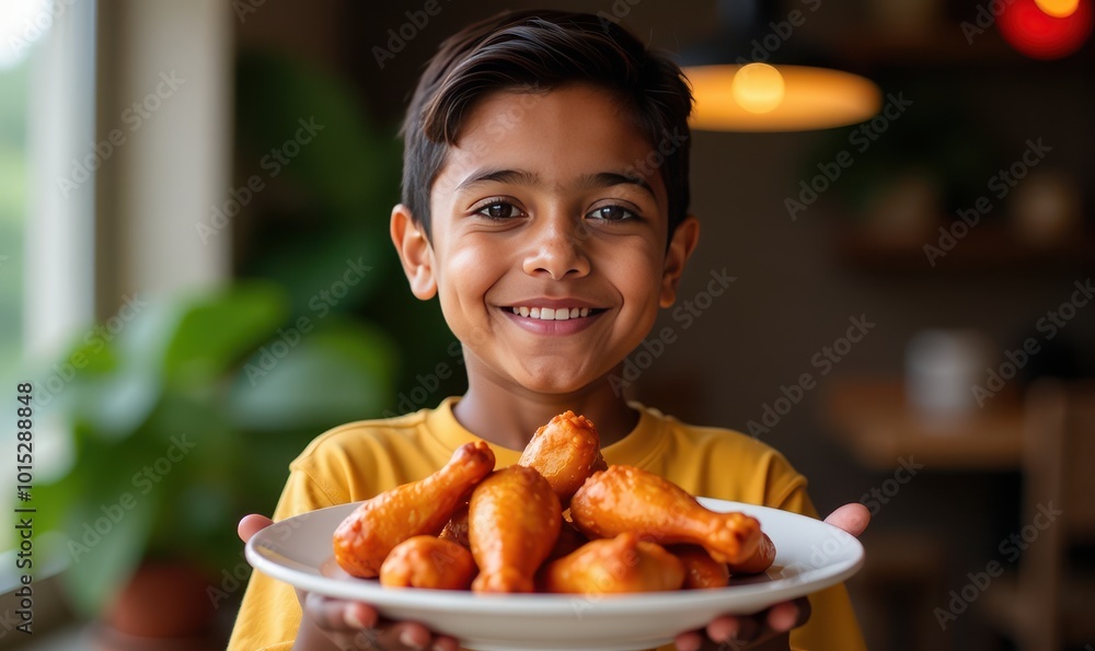 Indian boy with a playful grin holding a plate of spicy chicken wings ready to share with his friends Indian boy with a playful grin holding a plate of spicy chicken wings ready to share with his friends