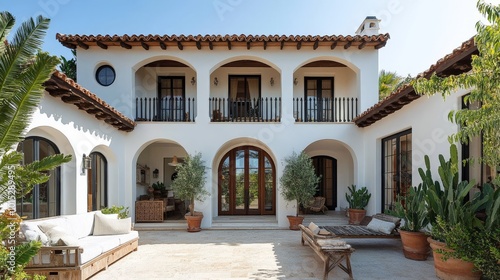 studio mcgee style transitional spanish revival home with white exterior