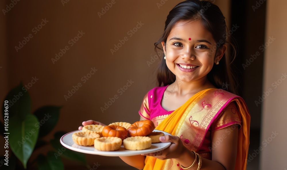 Cheerful Indian girl in festive attire showcasing a plate of assorted traditional snacks for her guests Cheerful Indian girl in festive attire showcasing a plate of assorted traditional snacks for her guests