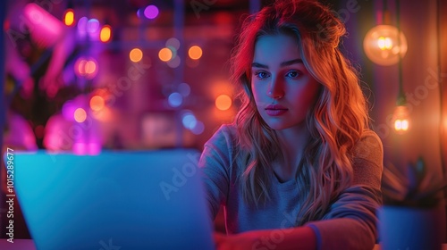 A young woman working on a laptop in a modern office with colorful lighting and a creative atmosphere.