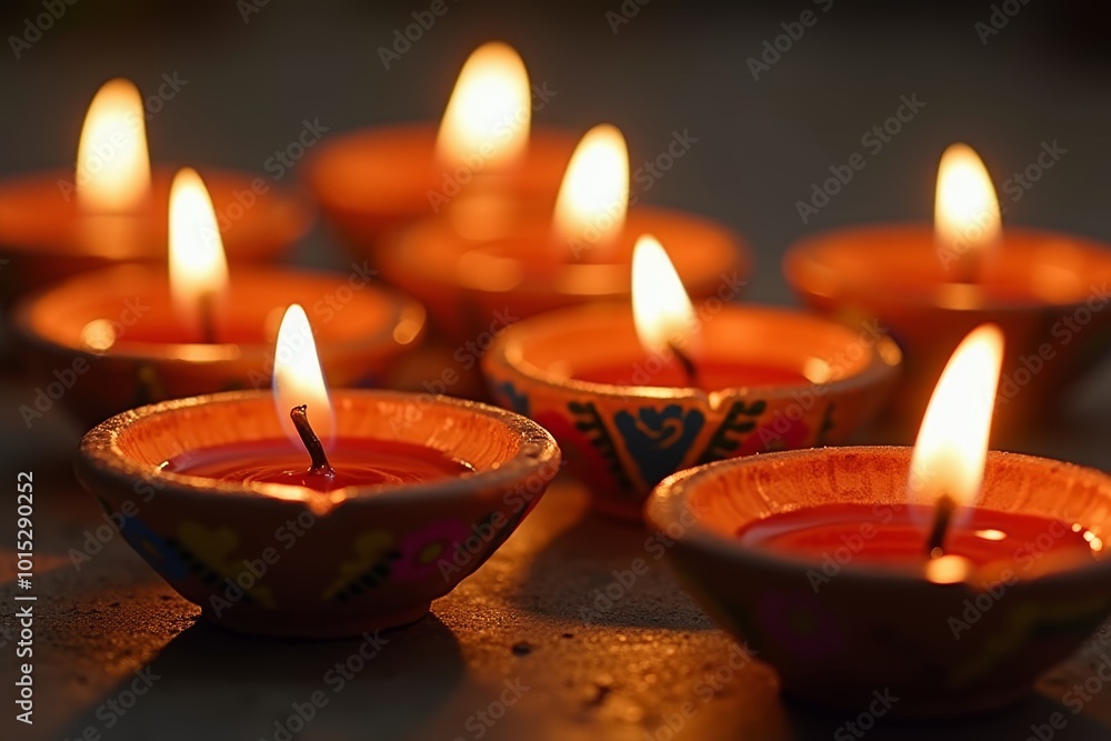 Glowing clay diyas in warm colors symbolizing Diwali celebration Glowing clay diyas in warm colors symbolizing Diwali celebration
