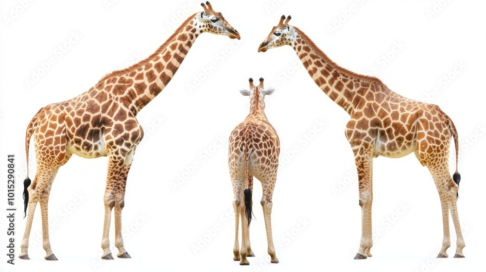 Three giraffes, two facing forward and one facing backwards, isolated on a white background. Three giraffes, two facing forward and one facing backwards, isolated on a white background.