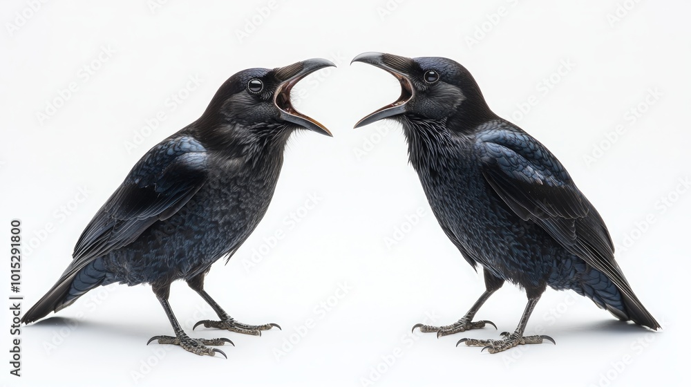 Obraz premium Two black ravens with their mouths open facing each other on a white background.