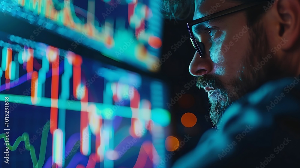Businessman analyzing stock market data on digital screen. Stock market data concept Businessman analyzing stock market data on digital screen. Stock market data concept