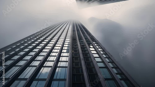 Skyscrapers Disappearing into Fog from Ground-Level Perspective

 photo