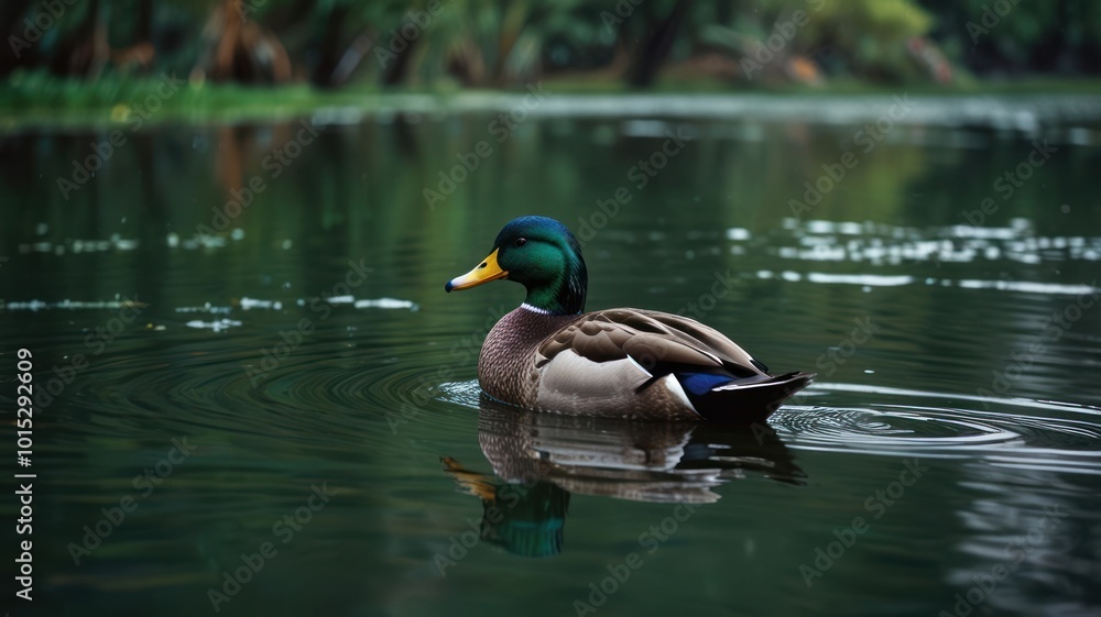 Obraz premium A single mallard duck swims in a tranquil pond, its reflection visible in the still water.