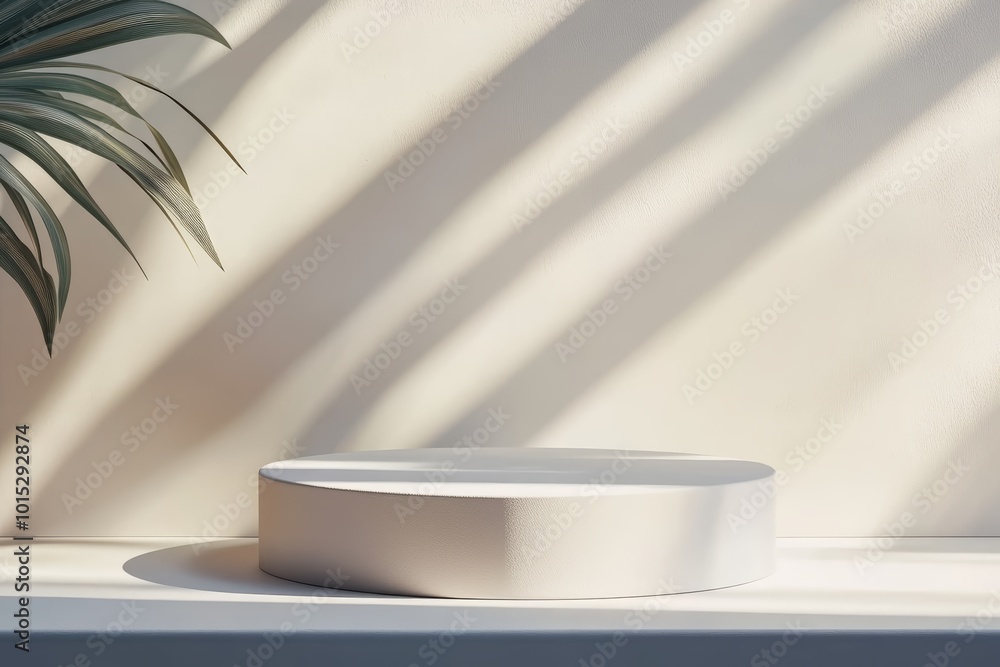 Minimalist display featuring a round pedestal and soft shadows from a plant. Minimalist display featuring a round pedestal and soft shadows from a plant.