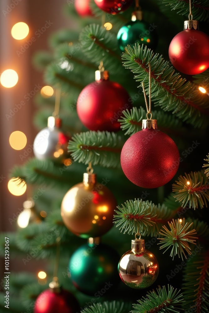Shiny Christmas Ornaments Reflecting Festive Lights on a Decorated Tree, AI Generation Shiny Christmas Ornaments Reflecting Festive Lights on a Decorated Tree, AI Generation