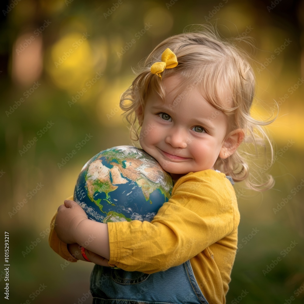 A young child embracing a planet earth model, symbolizing environmental protection and joy A young child embracing a planet earth model, symbolizing environmental protection and joy