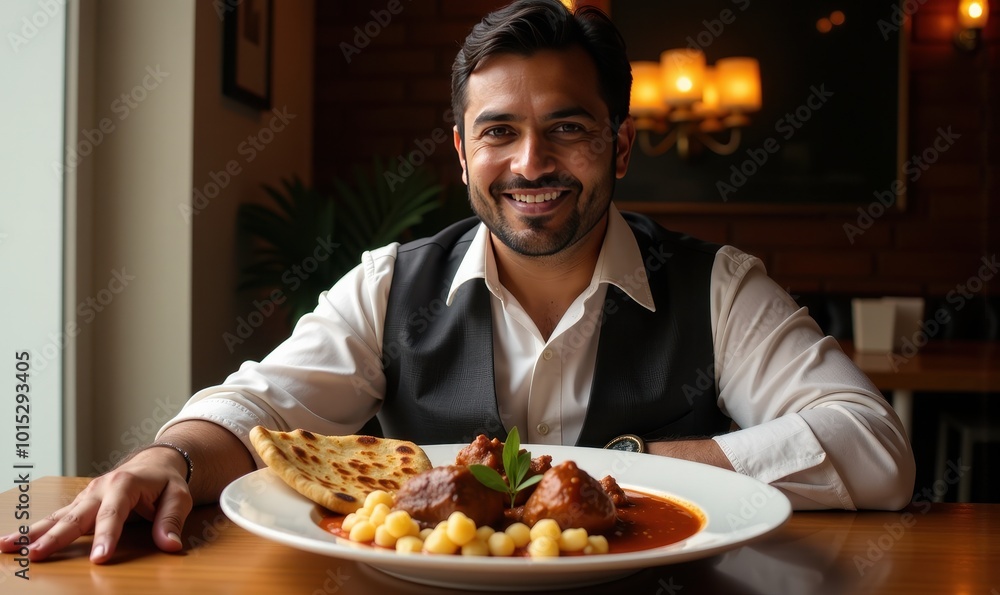Portrait of an Indian man in formal attire enjoying a plate of spicy lamb curry served with garlic naan Portrait of an Indian man in formal attire enjoying a plate of spicy lamb curry served with garlic naan