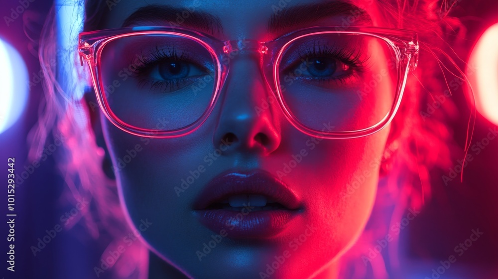 A close-up portrait of a woman illuminated by vivid neon lights, capturing her striking features in a futuristic setting that exudes confidence and elegance. A close-up portrait of a woman illuminated by vivid neon lights, capturing her striking features in a futuristic setting that exudes confidence and elegance.