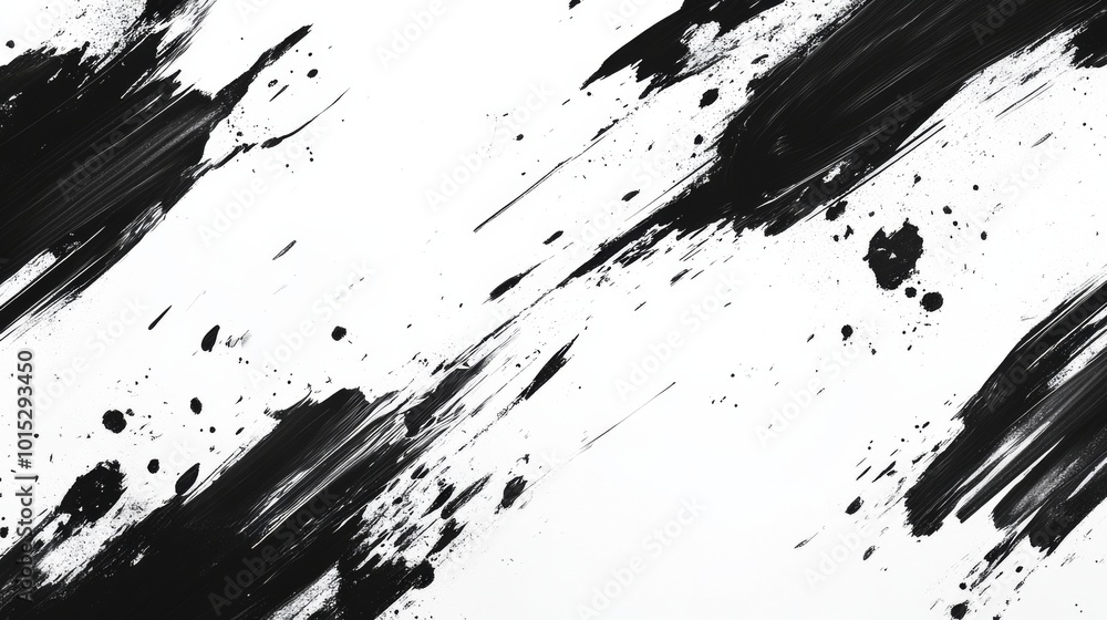 Naklejka premium A striking abstract image featuring bold black brushstrokes on a clean white background, creating a stunning modern art piece filled with dynamic movement.
