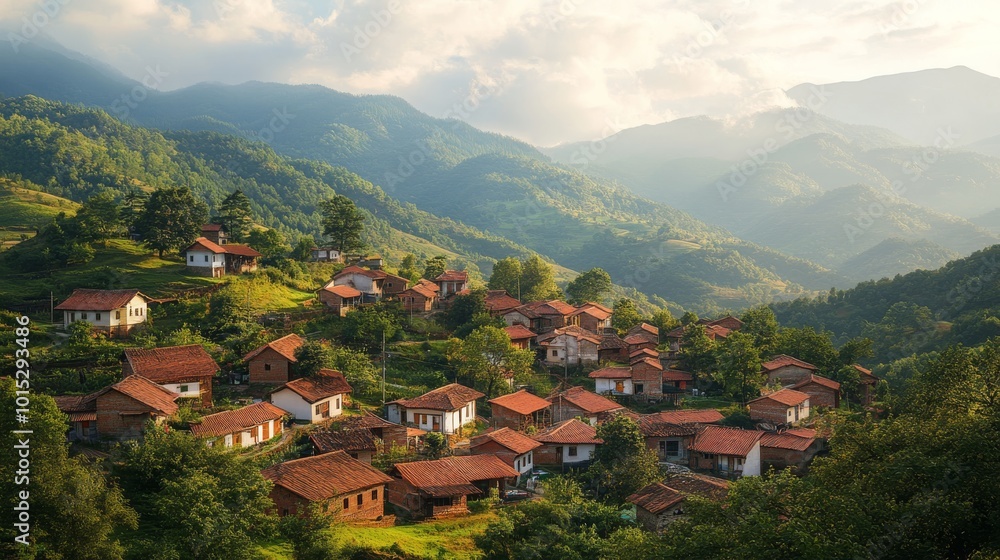 Fototapeta premium A picturesque view of a quaint village nestled in green mountains, where tiny houses with red-tiled rooftops create a charming and tranquil landscape.