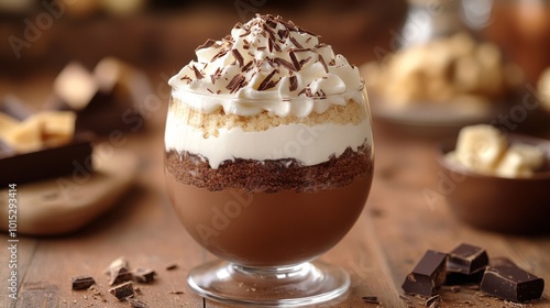 A luxurious chocolate parfait glass adorned with whipped cream and chocolate shavings, embodying a rich and indulgent treat for chocolate enthusiasts.