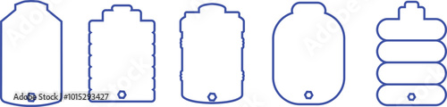 Blue water tank icons set line vector collection isolated on transparent background. water gallon element graphic design. Plastic material large bag for water saving, house storage