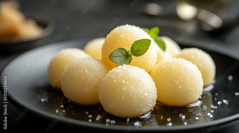 The image features round sweet dessert balls drenched in syrup, topped with mint leaves, creating a delightful and inviting sweet treat presentation. The image features round sweet dessert balls drenched in syrup, topped with mint leaves, creating a delightful and inviting sweet treat presentation.