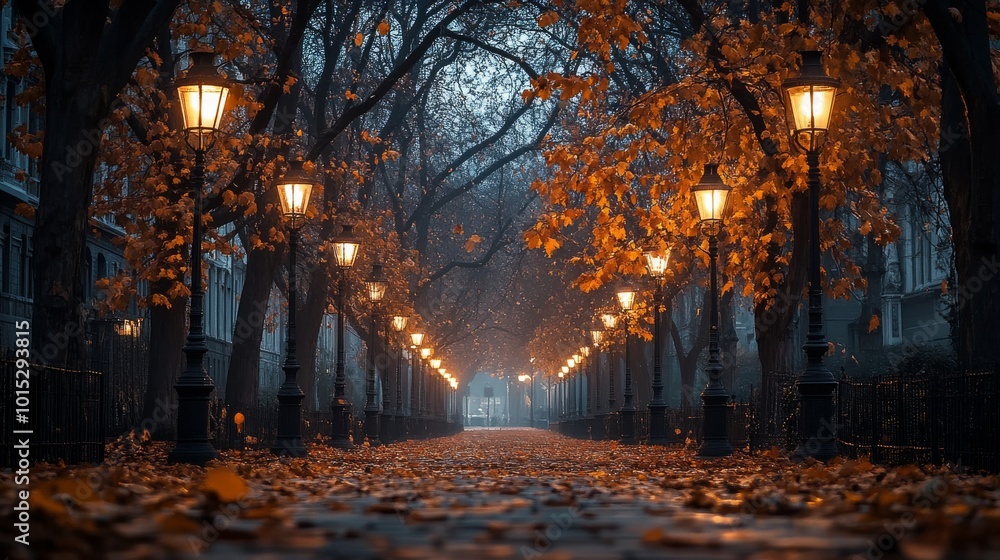 A serene street scene depicting a row of glowing lampposts against a backdrop of golden autumn leaves, creating an enchanting pathway filled with warm ambiance. A serene street scene depicting a row of glowing lampposts against a backdrop of golden autumn leaves, creating an enchanting pathway filled with warm ambiance.
