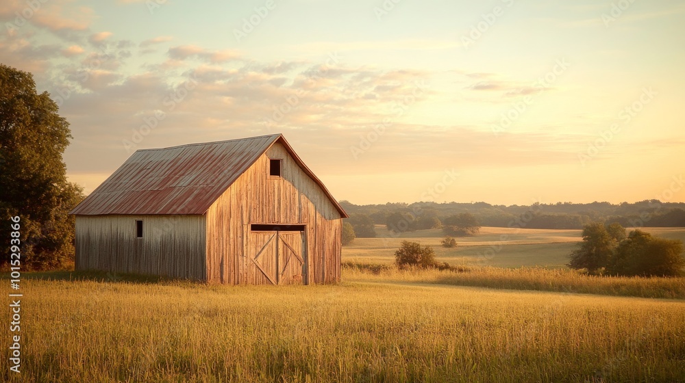 Sunrise over a tranquil countryside featuring a rustic barn, bathed in warm golden light, capturing a serene moment that epitomizes simplicity and rural life. Sunrise over a tranquil countryside featuring a rustic barn, bathed in warm golden light, capturing a serene moment that epitomizes simplicity and rural life.