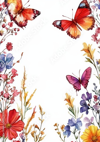 Colorful butterflies and vibrant flowers create a cheerful floral illustration.