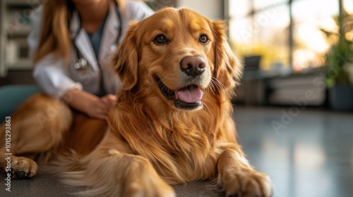 A low angle full body shot of a veterinarian examining a dog in a modern clinic, with medical equipment in the background, the scene feels professional and caring