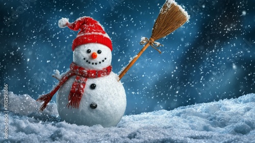 A charming snowman with a red hat and scarf stands in snowfall, showcasing winter joy and festive holiday spirit against a dark, snowy backdrop. photo