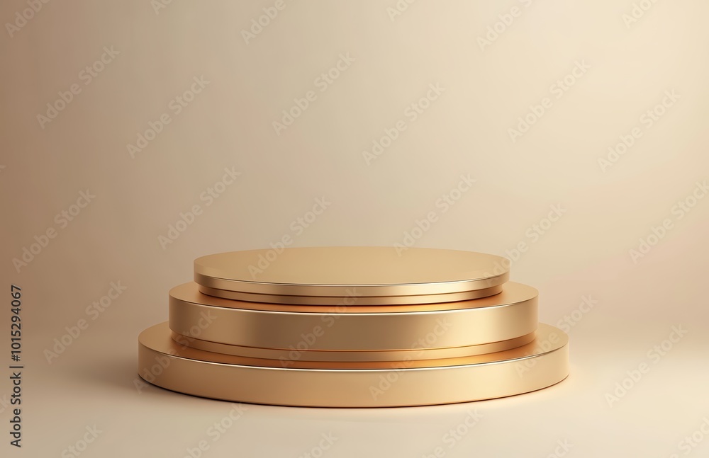 Three elegant gold podiums on a soft beige background, perfect for showcasing products. Three elegant gold podiums on a soft beige background, perfect for showcasing products.