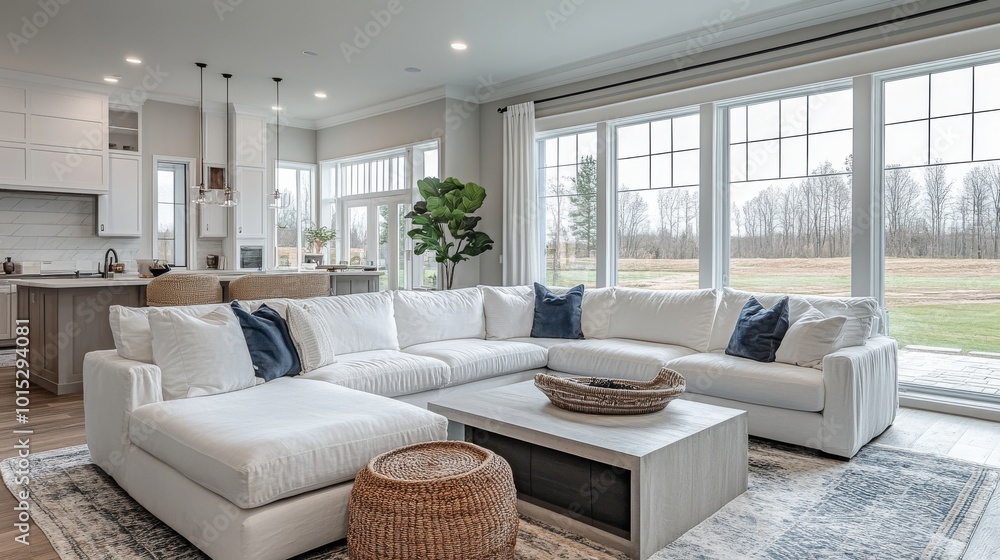 Fototapeta premium A spacious modern living area with a large white sectional sofa, expansive windows for natural light, offering a peaceful and comfortable environment perfect for relaxation.