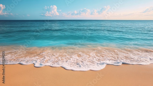 Beautiful and serene beach scene with soft golden sand, vibrant turquoise water, and gentle waves lapping at the shore, evoking a sense of peace and relaxation.