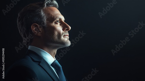A mature man in a formal suit gazes contemplatively into the dark, highlighting wisdom and introspection, capturing a moment of deep thought and reflection.