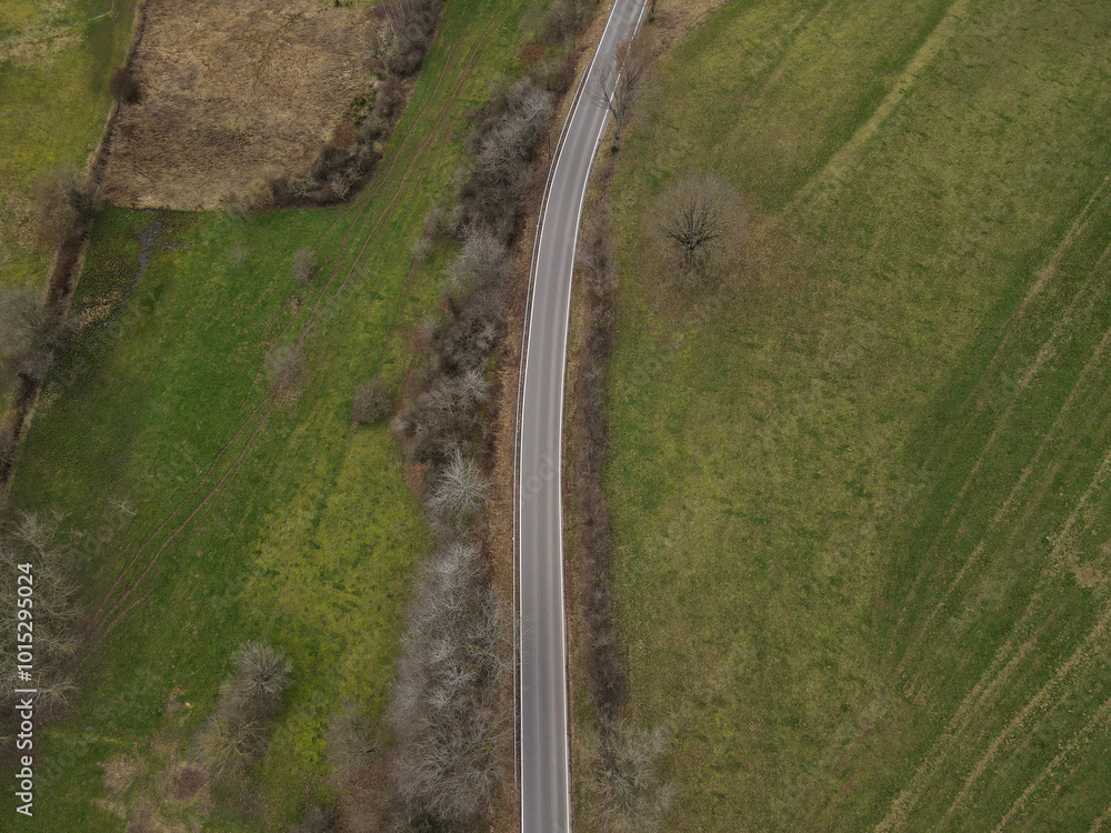 Fototapeta premium View from above of a road in the landscape in spring