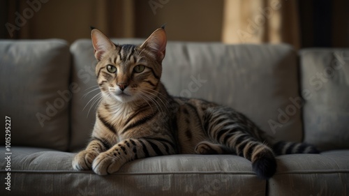 Wallpaper Mural A beautiful tabby cat with green eyes sits on a gray couch, looking directly at the camera. Torontodigital.ca