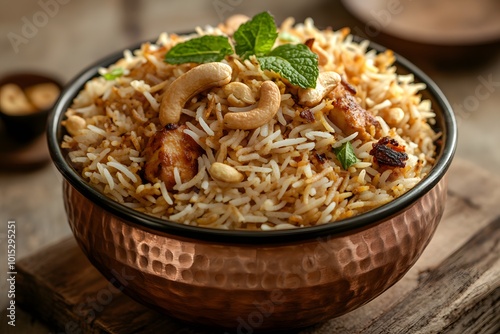 Biryani in a copper bowl with herbs and nuts