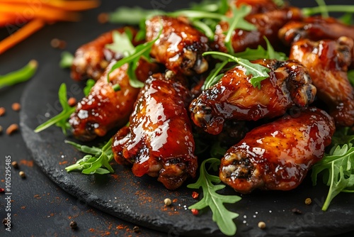 Delicious chicken wings on a black plate