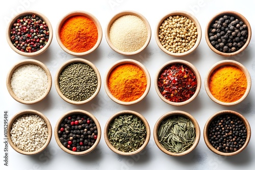 Colorful spices and herbs in bowls