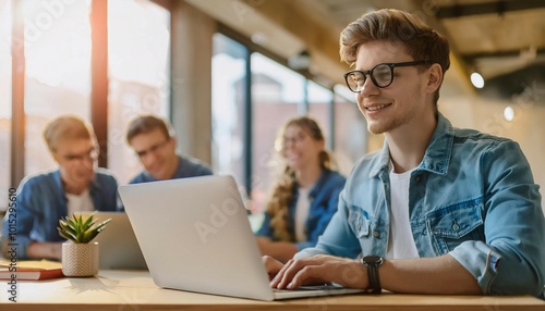 Young Man Working on Laptop in Modern Office Setting During Daytime