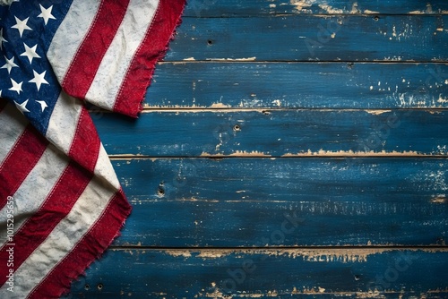 Old american flag on weathered wooden background