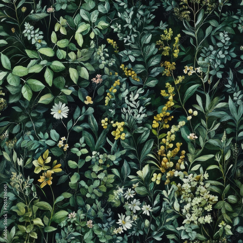 Minimalistic botanical illustration with lush greenery and wildflowers Minimalistic botanical illustration with lush greenery and wildflowers